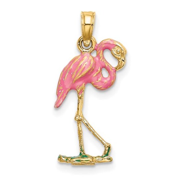 10k Yellow Gold 3-D Pink Enamel Small Flamingo Bird Necklace Charm Pendant - Picture 3 of 4